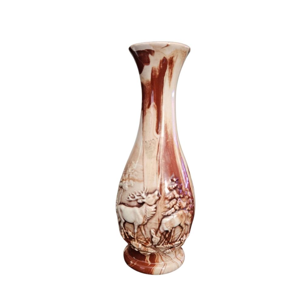 Vintage Alaska Moose Relief Bud Vase Brown Cream Marbled Ceramic Souvenir